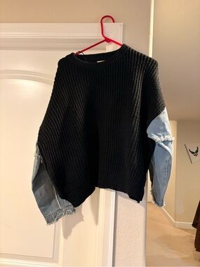 Black Knit Sweater with Light Denim Sleeve Detail